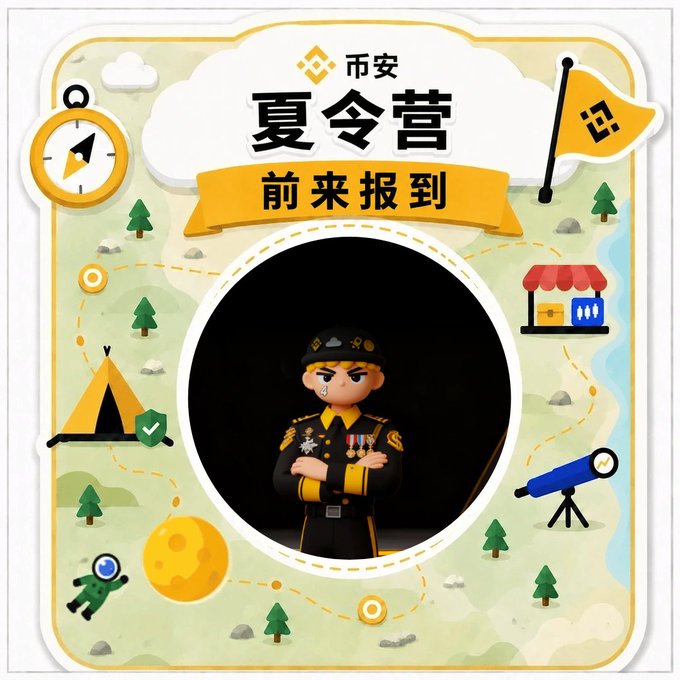 A promotional graphic for a Chinese summer camp featuring Chinese text '币安 夏令营 前来报到' (Binance Summer Camp Check-in), with an illustration of a toy soldier figure in uniform displayed in the center surrounded by camping-themed icons.