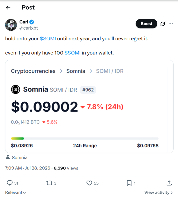 A social media post by user "Carl @carlxbt" advises holding onto $SOMI (Somnia) tokens, showing a price of $0.09002 with a 7.8% decline.