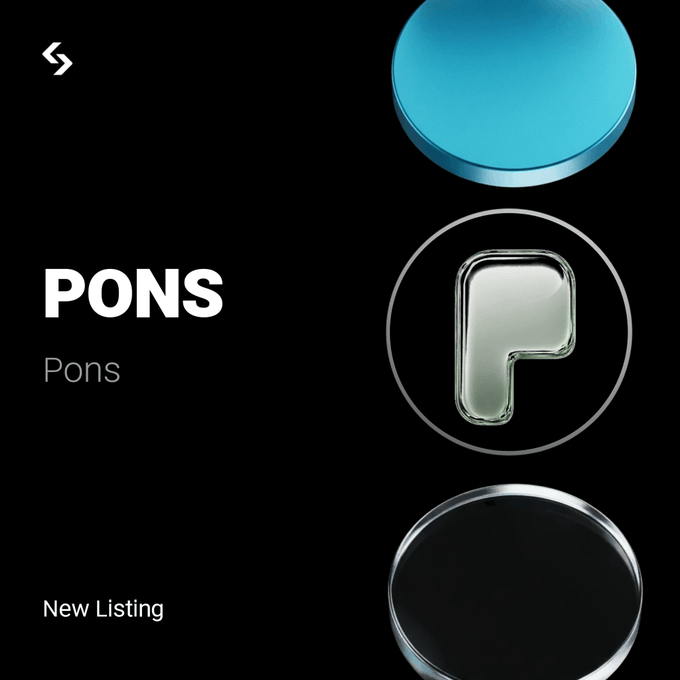 A sleek promotional graphic featuring "PONS" branding alongside 3D-rendered circular icons in blue, glass, and black against a dark background, marked as a "New Listing" to coincide with Bitget's announcement of the PONS/USDT trading pair launch on September 7.