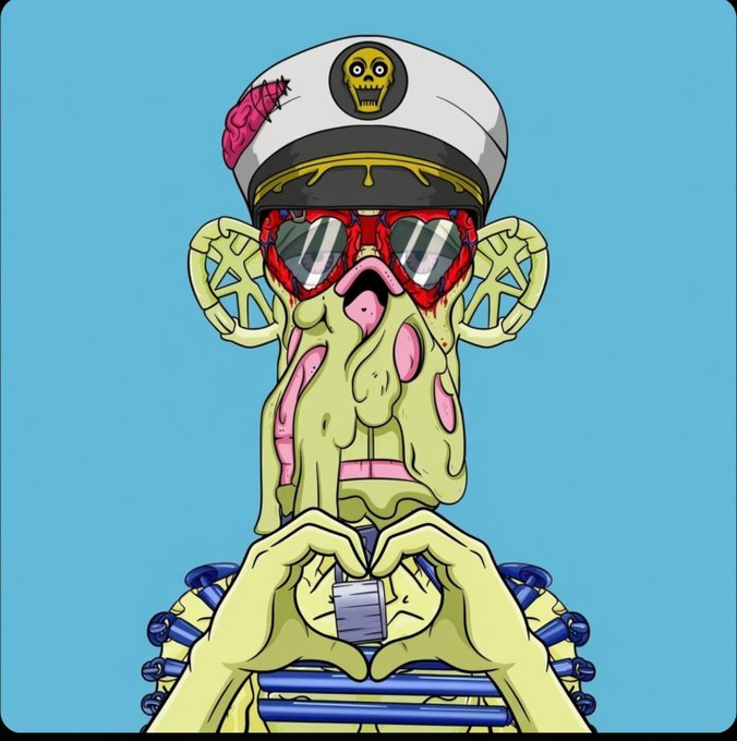 A cartoon illustration of a yellow, skeletal-looking character with bloodshot eyes, a captain's hat featuring a skull, a pink brain, and blue skeletal ribs, making a heart shape with its hands against a light blue background.