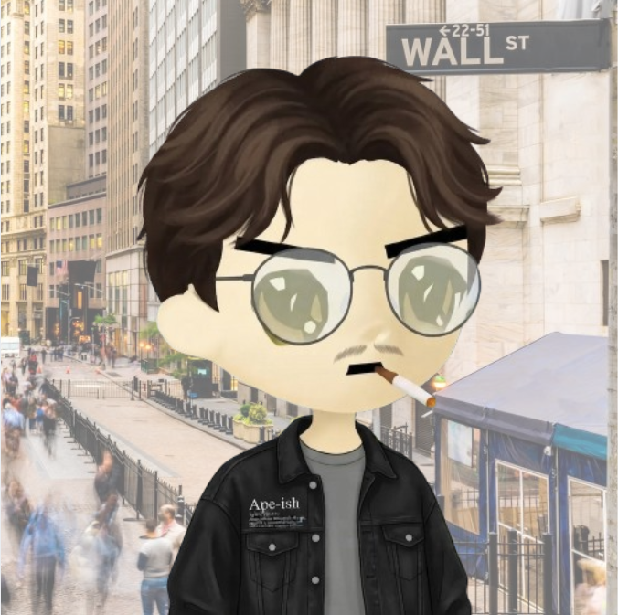 A cartoon-style avatar of a man with brown hair, round sunglasses, a mustache, and a cigarette wearing a black 'Ape-ish' jacket, overlaid on a photograph of the Wall St area in New York City.
