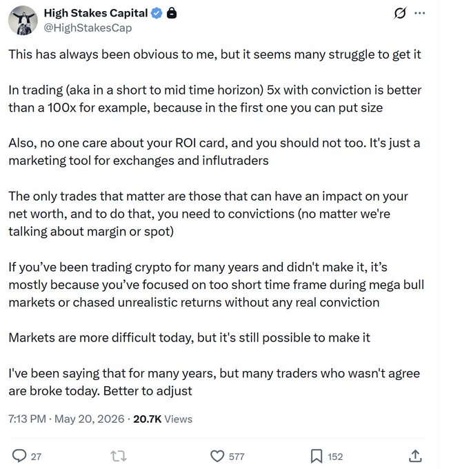The image shows an electronic postcard with the text "This has always been obvious to me, but it seems many struggle to get it." The post includes a link to another Twitter post discussing Bitcoin trading strategies and other cryptocurrencies.