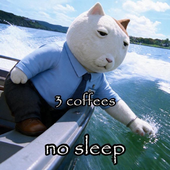 A humorous meme featuring a serious-faced cat in a blue shirt and tie leaning over the edge of a moving boat, with the text "3 coffees" and "no sleep."