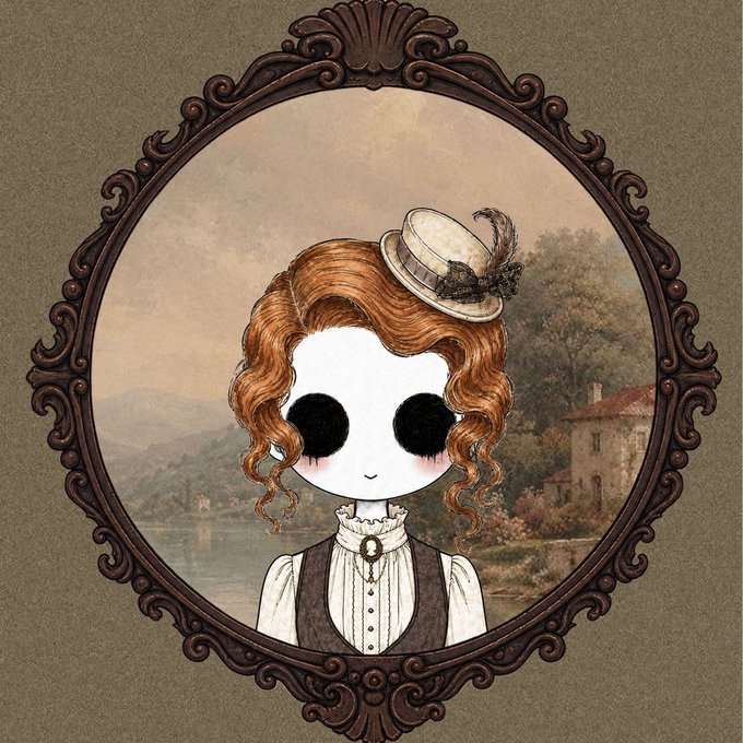 A vintage-style illustration of a girl with curly auburn hair and a tiny hat, featuring large black eyes, appears inside an ornate oval frame.