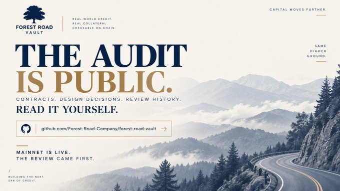 A promotional graphic for Forest Road Vault featuring a misty mountain road with the headline "THE AUDIT IS PUBLIC" and a GitHub link (github.com/Forest-Road-Company/forest-road-vault), reinforcing the accompanying post's message that all contracts and design decisions are publicly available for review.