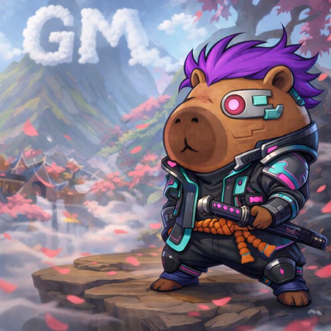 urn of pink flowers sits on a cliff, with a brown bear in black and blue armor holding a sword against a backdrop of green mountains and a clear sky.