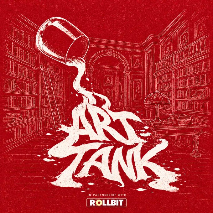 The image features an illustration of a room with a large glass jar filled with paint spilling out onto the floor. The word "Art Tank" is written above the jar, indicating that this is a place where artists can display their work for sale or exchange. Below the jar, there are five words written in white text: "Gm artists, collectors and NFT degens - It's time for #ArtTank, in partnership with @rollbit". The phrase "Medici Vaults" suggests that the room is located within a museum or gallery space.