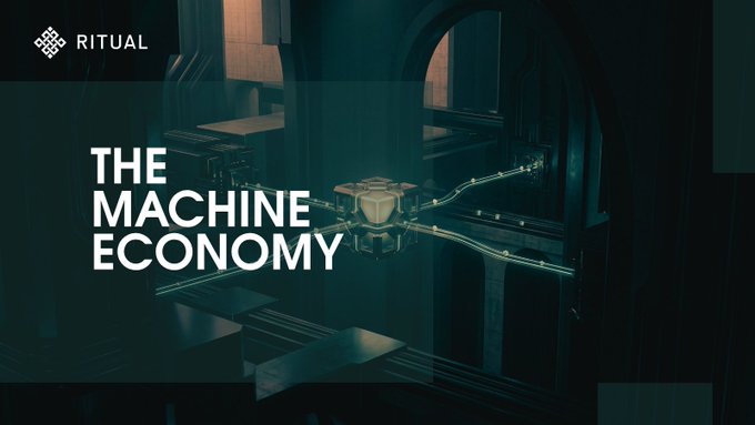 A dark, futuristic image with teal tones showing abstract architectural or mechanical structures, overlaid with the 'RITUAL' logo and the title 'THE MACHINE ECONOMY'.