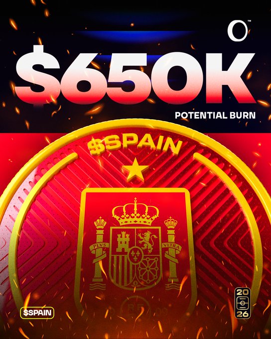 A bold promotional graphic announcing "$650K POTENTIAL BURN" in large red and white text, featuring a golden Spain national football crest and the $SPAIN token logo, with flames and a "2026" badge emphasizing the upcoming tournament's high-stakes token burn tied to Spain's progress to the semi-finals.