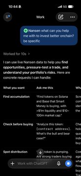 Screenshot of a ChatGPT conversation with Nansen AI discussing how it can help analyze specific tokens like Solana for accumulation and check buying activity before purchasing.