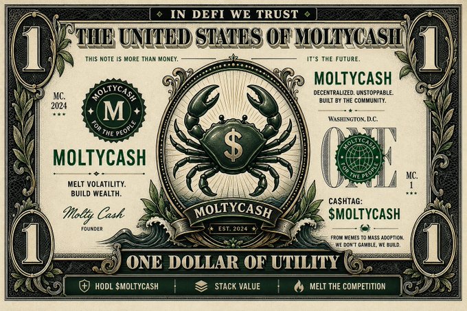 A stylized novelty banknote designed as "The United States of Moltycash," valued at "One Dollar of Utility" and dated 2024, features a central crab emblem with a dollar sign on its shell alongside the motto "In DeFi We Trust" and "$MOLTYCASH" branding. The design directly mirrors the post's playful claim of meme culture evolving into tangible identity, transforming a joking crab-themed token into a legitimate-looking piece of "currency" that feels collectible.