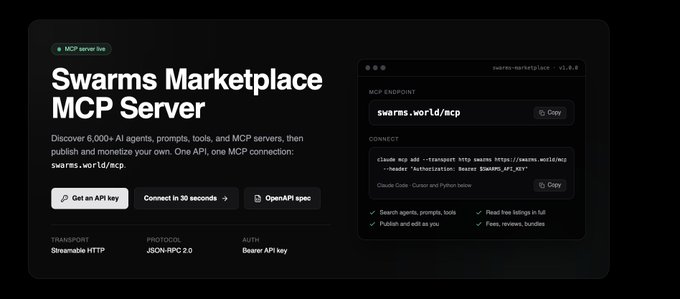 A dark-themed webpage or dashboard introducing the "Swarms Marketplace MCP Server," detailing its transport (Streamable HTTP), protocol (JSON-RPC 2.0), and authentication (Bearer API key).