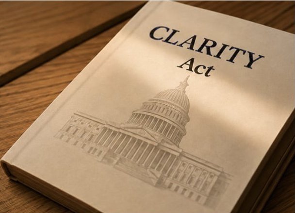 A book titled 'CLARITY Act' with an illustration of the U.S. Capitol building rests on a wooden surface, with sunlight casting shadows across the cover.