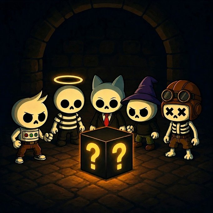 Five skeleton characters—including a haloed figure, cat-eared skull, witch, and X-eyed pilot—gather around a glowing orange mystery box marked with two prominent question marks in a dim stone archway. The box symbolizes the unseen developments and upcoming reveals hinted at in the post about SkeleFrenz's new holder tools, avatar upgrades, and omnichain expansion.