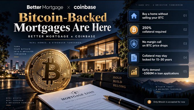The image is a promotional graphic announcing the launch of "Bitcoin-Backed Mortgages" through a partnership between Better Mortgage and Coinbase, featuring a modern home, a large Bitcoin coin, and a mortgage loan document with the headline "Better Mortgage × Coinbase: Bitcoin-Backed Mortgages Are Here."

Key details listed include: buy a home without selling BTC (01), 250% collateral required (02), no margin call on BTC price drops (03), collateral locked for 15-30 years (04), and early demand of ~$360M in loan applications (05), with a note that "Only Bitcoin is accepted for now."

The graphic visually reinforces the post's message about using Bitcoin holdings to finance a home down payment without selling the crypto.