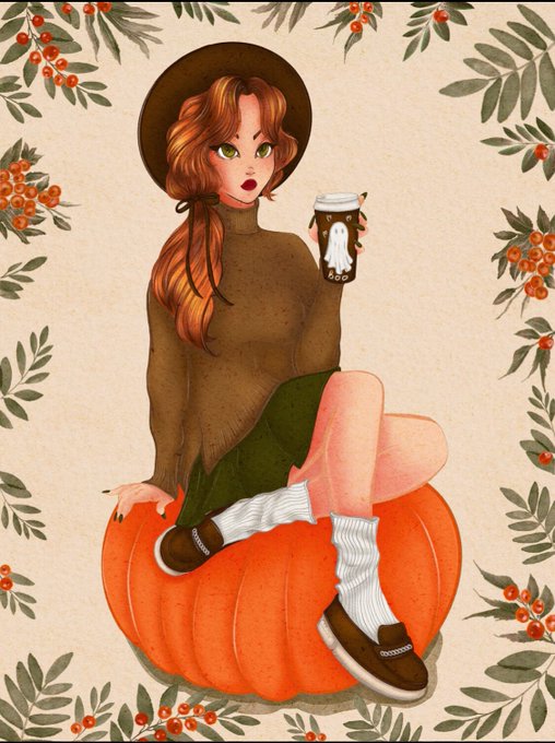 An illustration of a red-haired girl in a brown turtleneck and green skirt sitting on a pumpkin, holding a coffee cup with a ghost design, framed by a border of berries and leaves.