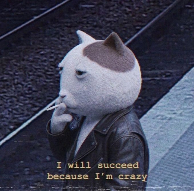 A cat wearing a leather jacket smokes a cigarette on a train platform with the caption "I will succeed because I'm crazy," perfectly capturing the bold, unwavering conviction of a $KET investor setting aggressive price targets.