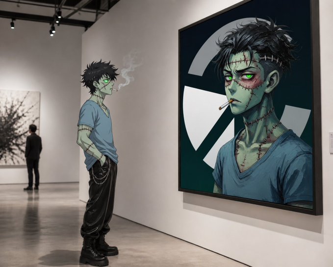 A green-skinned, stitched figure resembling Frankenstein's monster smokes a cigarette in an art gallery while gazing at a large portrait of himself with glowing green eyes and a radiation symbol in the background.