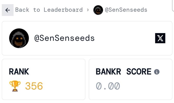 A leaderboard profile for Twitter user @SenSenseeds shows a rank of 356 and a BANKR score of 0.00, illustrating their position in the BNKR rewards ranking as encouraged by the post.