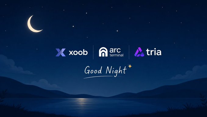 The image features a night scene with a crescent moon and stars against a dark blue sky. The background includes text that reads "Good Night" along with logos for three companies, XOOB Network, The ARCTERMINAL, and useTria. These logos are associated with the companies' websites or social media platforms. The image also contains a watermark in the bottom right corner, which is likely to be used by the companies as part of their branding strategy.