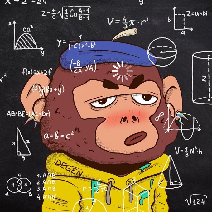 A digital illustration of a flushed, distressed monkey wearing a yellow 'DEGEN' hoodie and blue beret, surrounded by various mathematical formulas and diagrams on a blackboard background.