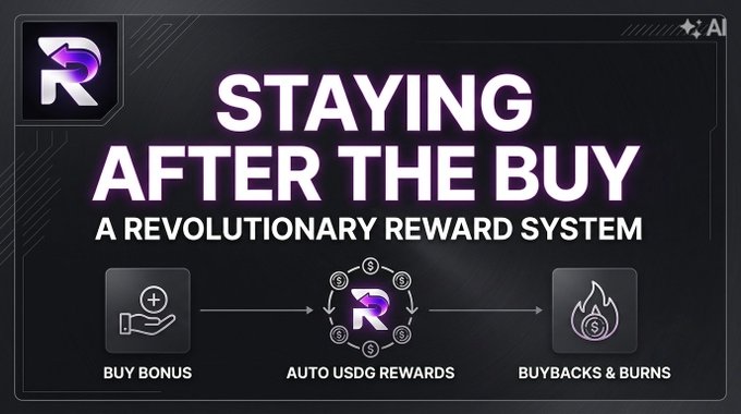 A dark promotional graphic with a stylized “R” logo reads “STAYING AFTER THE BUY,” “A REVOLUTIONARY REWARD SYSTEM,” and diagrams “BUY BONUS” leading through “AUTO USDC REWARDS” to “BUYBACKS & BURNS.”
