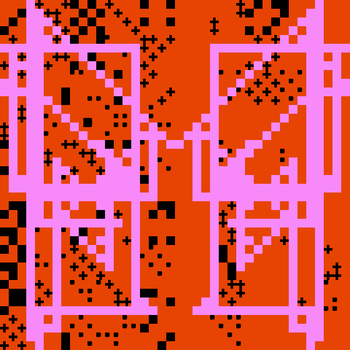 An abstract pixel art image featuring a grid of red squares outlined in pink with scattered black pixels and plus signs.