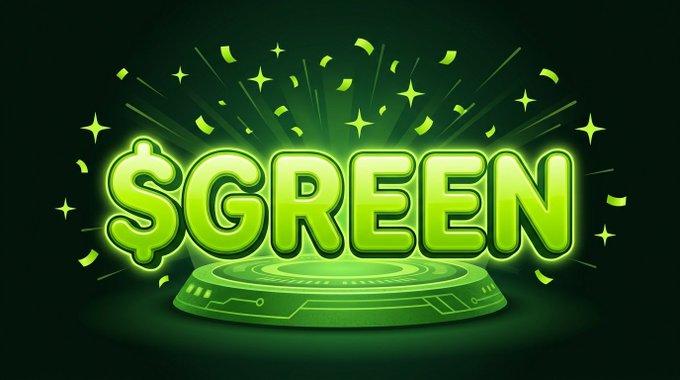A glowing neon-green "$GREEN" text hovers above a futuristic circular platform with confetti and sparkles bursting in the background, visually announcing the launch of the $GREEN platform token.