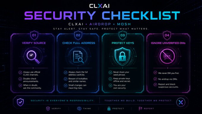 A neon-styled graphic titled "CLXAI SECURITY CHECKLIST" outlines four steps—Verify Source, Check Full Address, Protect Keys, and Ignore Unverified DMs—under the tagline "Stay alert. Stay safe. Protect what matters."