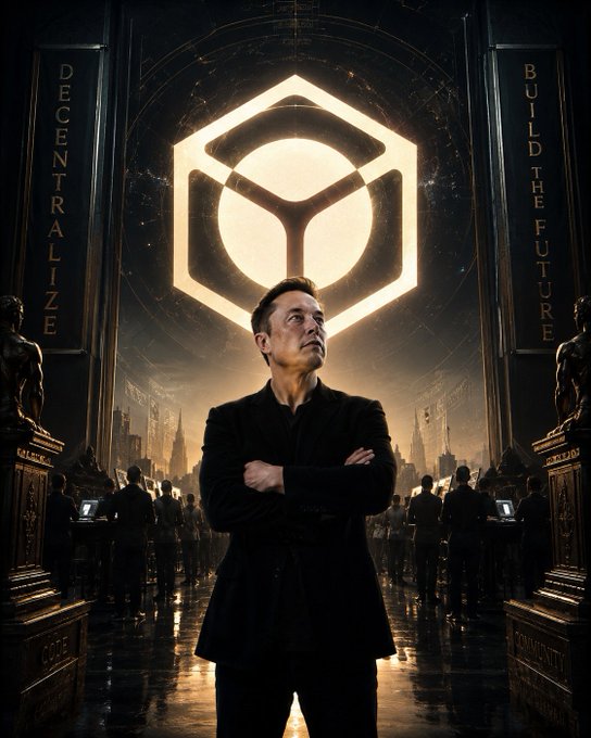 A man in a black suit stands confidently with arms crossed in a grand, dimly lit hall beneath a glowing hexagonal emblem, with the words "DECENTRALIZE" and "BUILD THE FUTURE" flanking ornate pillars. The image conveys a vision of bold, ambitious leadership in the Web3 space, contrasting the post's critique of the exhausting hustle culture that pushes people to constantly "do more" by instead suggesting strength lies in purposeful, focused conviction rather than endless grind.