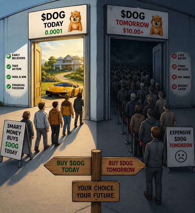 The image depicts a crowd of people walking towards two different doors, one labeled "Dog Today" with a sign advertising $DOG and another door labeled "Expensive Dogs Today". The two doors are separated by a barrier that blocks the entrance to the latter. In addition to these doors, there is a post showing an alternative perspective, suggesting that the crowd should wait for the price of expensive dogs to rise in the future before buying them today.