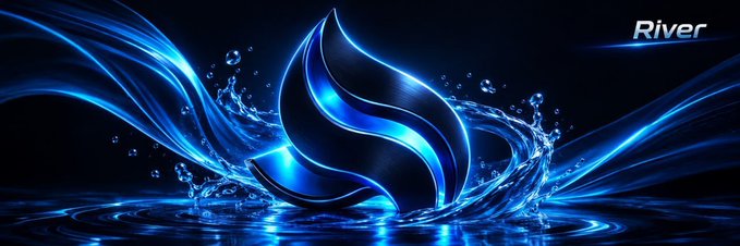 A blue glowing stylized logo labeled 'River' set against a dark background with water splashes and flowing streams.