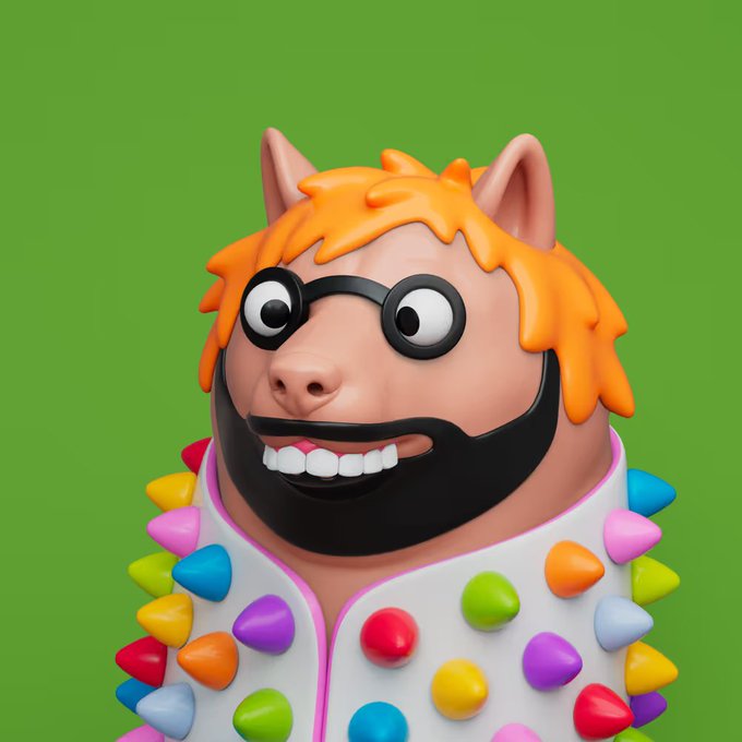 A 3D-rendered character with orange spiky hair, cat ears, large round glasses, a black beard, and a wide toothy grin, wearing a white outfit covered in colorful candy corn-shaped spikes against a green background.