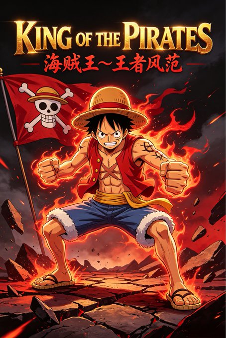 An anime-style illustration titled 'KING OF THE PIRATES' featuring a character resembling Monkey D. Luffy from One Piece, surrounded by flames and holding a Jolly Roger flag with Chinese text 海贼王～王者风范.