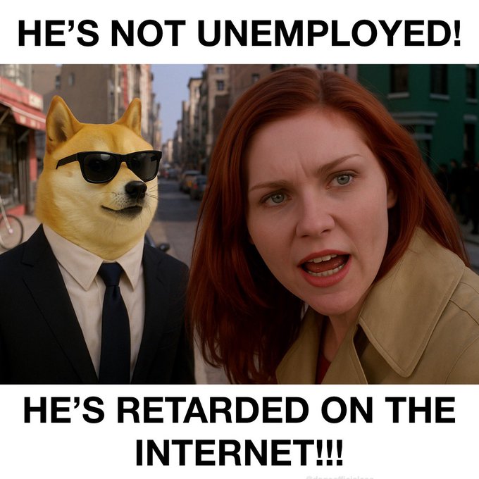 iced tea and sunglasses, with a red-haired woman's face and text reading "he's not employed! he's retaliated on the internet!"