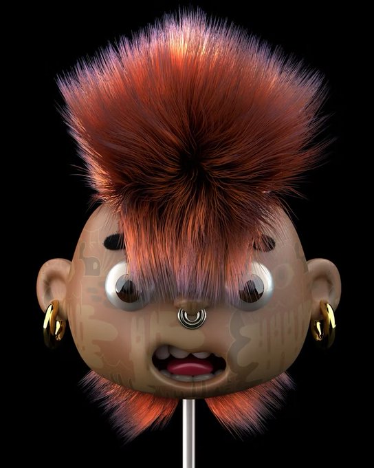 A 3D rendered character head with wild orange hair, large eyes, hoop earrings, and a nose ring on a black background.