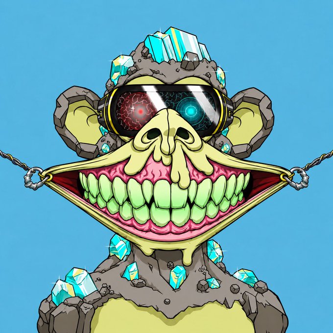A digital illustration depicts a cyberpunk monkey wearing VR goggles and a helmet, with its mouth forcibly held open by metal hooks to reveal sharp green teeth, set against a solid blue background.