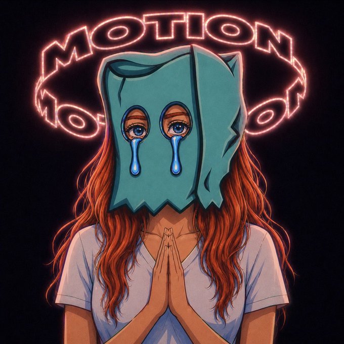 A red-haired figure wearing a tattered teal mask with crying eyes and folded hands appears beneath a glowing neon "MOTION" logo, visually echoing the post's reference to feeling $MOTION.