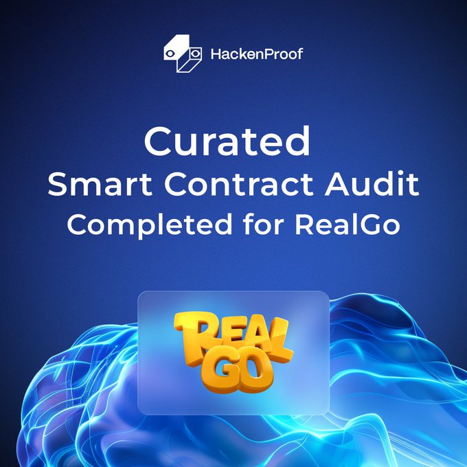 A promotional graphic from HackenProof announcing 'Curated Smart Contract Audit Completed for RealGo' with the RealGo logo displayed against a blue abstract background.