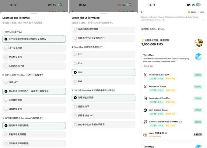 The image displays three mobile screenshots from the Binance Wallet app showing a "Learn about TermMax" quiz section with multiple-choice questions about TermMax (TMX) cryptocurrency and its features, alongside a task page listing completion status for activities like following X accounts and joining Discord, with a 2,000,000 TMX reward visible, illustrating the Binance Wallet TermMax Booster Phase 1 tasks mentioned in the accompanying guide.
