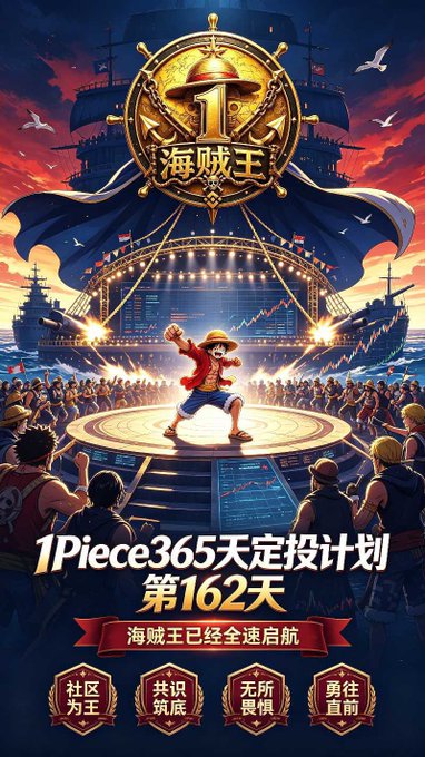 An anime-style promotional image featuring a character on a stage with Chinese text '1Piece365天定投计划第162天' and '海贼王已经全速启航'.