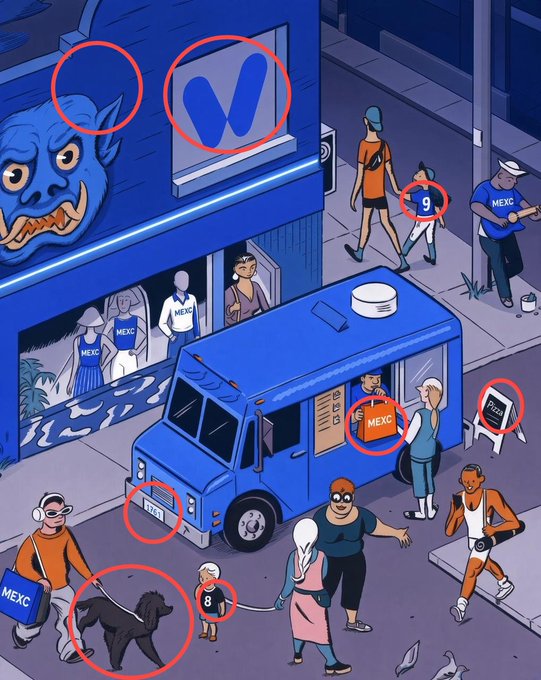 An illustrated scene shows a bustling city street with various characters wearing blue MEXC apparel and holding a "MEXC" branded food truck, with hidden blue "V" logos and numbered items (7, 8, 9) circled in red as part of a "Spot the Difference" game. Promotional text announces Thanksgiving Edition winners @Burnthug and @nrxkhlfh, each receiving 25 USDT rewards.