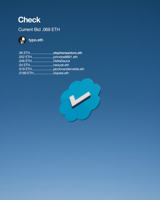 Digital auction display titled 'Check' showing a current bid of 0.069 ETH for the typo.eth domain, with bid history listing various bidders like stephensantoro.eth and 0xjossei.eth against a blue background.
