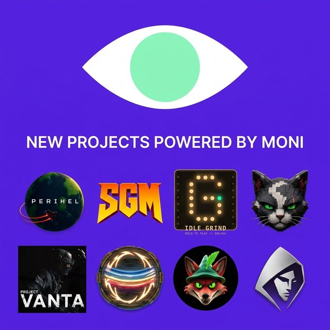 A purple graphic with a large eye at the top and the text 'NEW PROJECTS POWERED BY MONI', displaying logos for various projects including PERIHEL, SGM, IDLE GRIND, Project VANTA, and others.