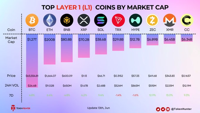 The image shows a bar graph that highlights the market cap of top layer 1 coins by market cap, with Bitcoin (BTC) and Ethereum (ETH) at the forefront. The top layer 1 coins are listed along with their corresponding market caps and values in millions of dollars.