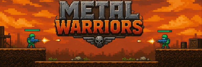 A pixel-art video game title screen for "METAL WARRIORS," showing two green-armored soldiers firing weapons against an apocalyptic orange sunset backdrop.