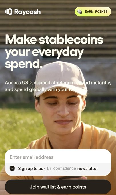 A mobile app advertisement for "Raycash" featuring a young man in a beige cap, with the headline "Make stablecoins your everyday spend" and a call-to-action button to "Join waitlist & earn points."