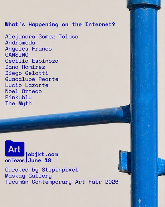 The image features a blue metal pole, which serves as the background for a poster promoting an art event. The poster includes text that lists the names of 12 artists who have contributed to the event. There are also descriptions of each artist's work, providing context about their creations. The poster is displayed against a white wall, making it stand out and catch viewers' attention.