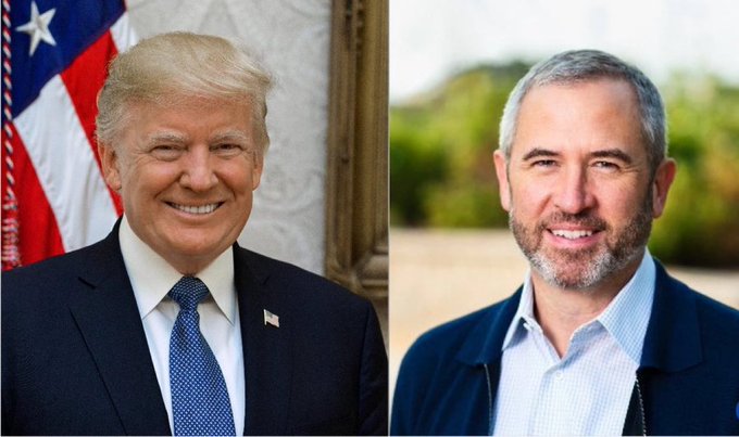 A side-by-side composite image showing Donald Trump on the left in front of an American flag and a smiling man with a beard on the right.