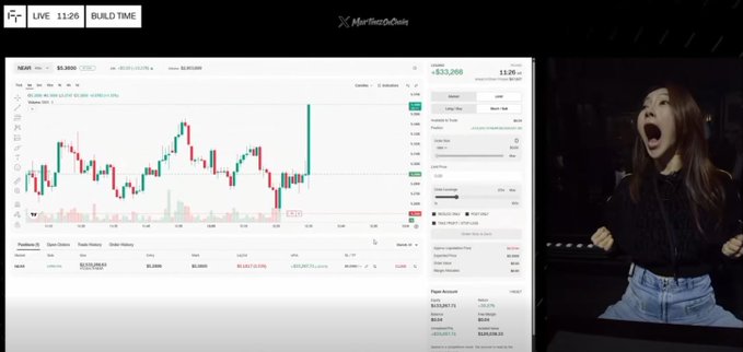 A live trading screen showing a candlestick chart of a stock with a woman reacting in excitement on the right side.